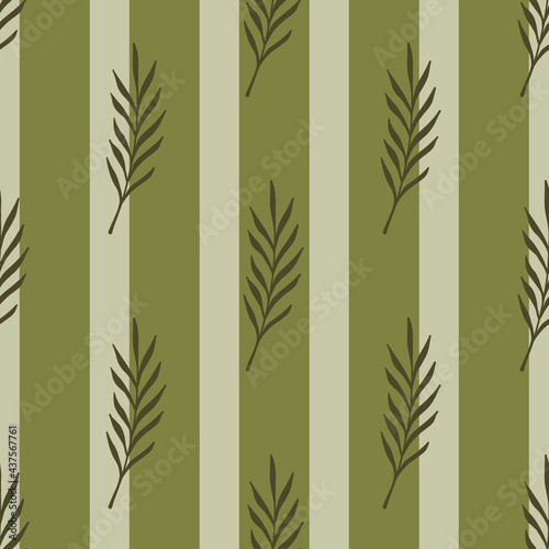 Fototapeta Naklejka Na Ścianę i Meble -  Brown minimalistic leaves branches seamless nature pattern. Grey and green striped background.