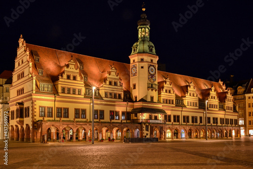 Illuminated old town hall and market square in Leipzig at night