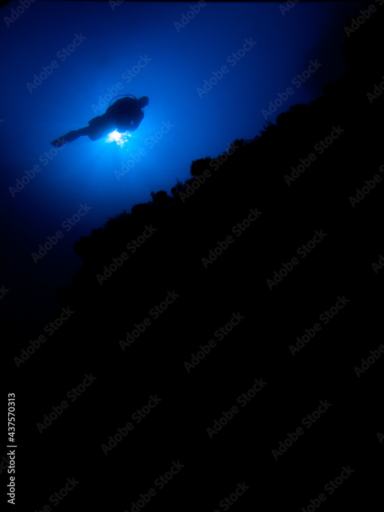 Silhouette of a diver backlit against the sun.