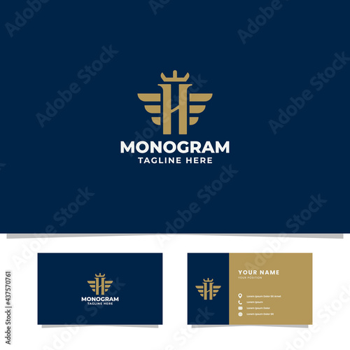 Simple and minimalist gold letter H monogram initial logo with wings and crown in blue background