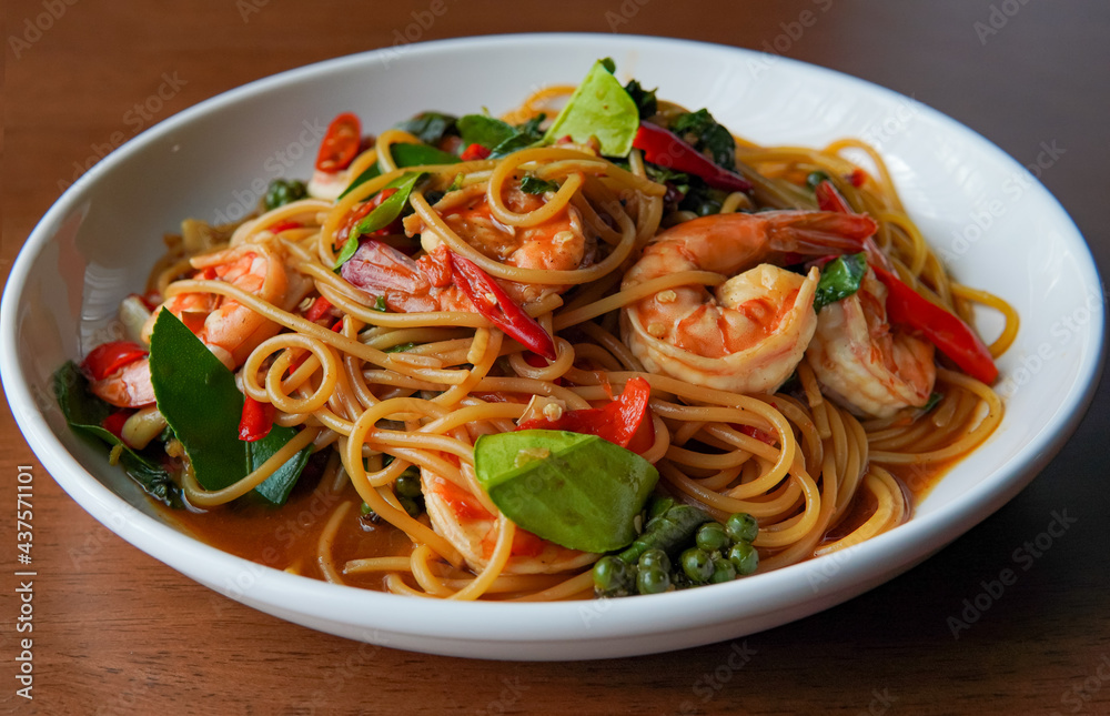 spicy Thai food, noodles with shrimp, spaghetti