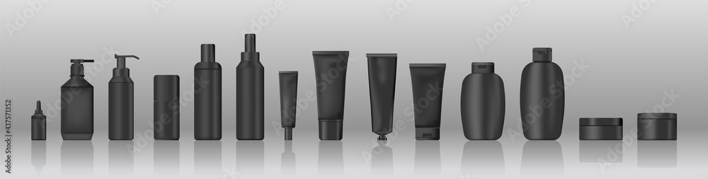 Realistic Set of Black Cosmetic and Cream Tubes. Vector Illustration and Mockup on Grey Background Realistic Set of Black Cosmetic and Cream Tubes. Vector Illustration and Mockup on Grey Background