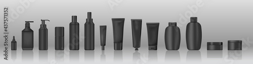 Realistic Set of Black Cosmetic and Cream Tubes. Vector Illustration and Mockup on Grey Background