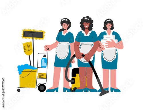 Female hotel maids in uniform with a vacuum cleaner, pushing trolley cart,clean linens for the room.Vector illustration.