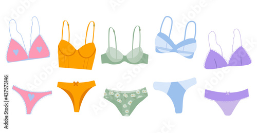 Trendy female underwear, lingerie set cartoon flat vector illustration. Transparent panties and bras. Modern hand drawn colorful collection of women's underwear.  Sensuality and femininity concept..