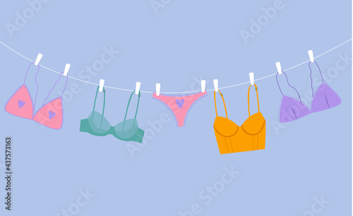 Women panties are dried on a rope. Flat vector illustration of the trendy female teenage underwear.