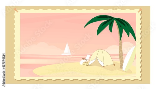 A postcard with a marine-themed design and a sailboat. Card, flyer, brochure, template for product promotion and advertising. A tent on the beach and a surfboard on the background of the landscape