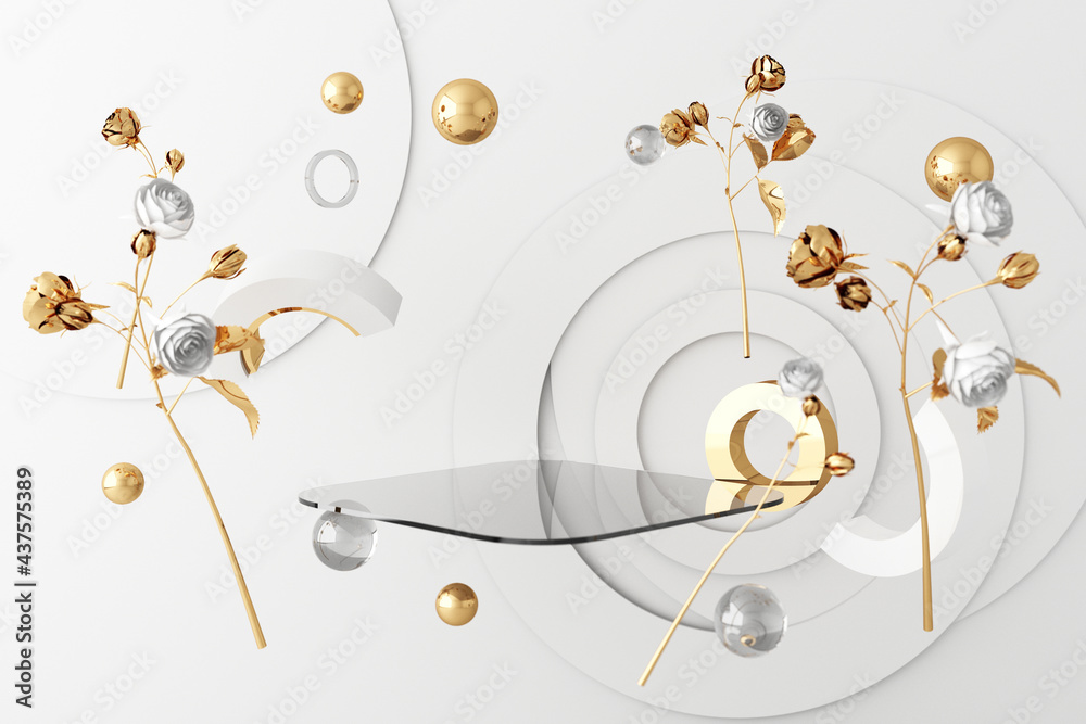 Obraz premium Mock up composition of white geometric shape gold and glass texture with gold plant flower and leaf ,podium for product design, 3d rendering, 3d illustration