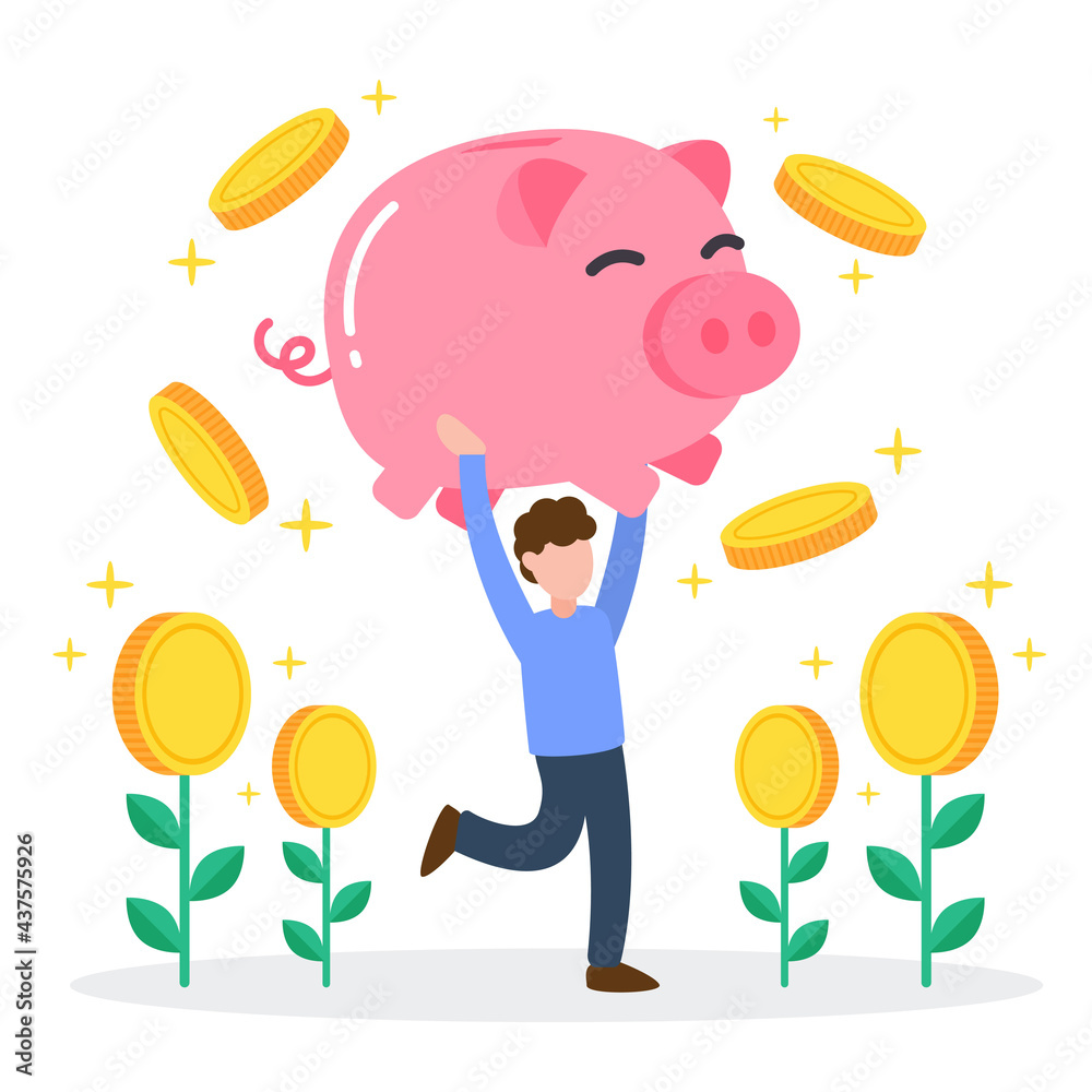 Man carry pink piggy bank with floating coins and money tree. The creative financial concept of savings, wealth, rich, and investment. Trendy cute cartoon character vector illustration. Flat style. Man carry pink piggy bank with floating coins and money tree. The creative financial concept of savings, wealth, rich, and investment. Trendy cute cartoon character vector illustration. Flat style.