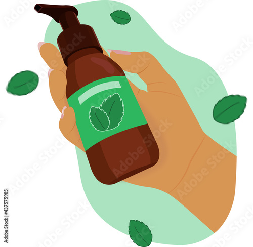 Female hand holding a glass bottle with gel on a green background. Organic cosmetics, eco packaging, mint leaves. Flat vector illustration