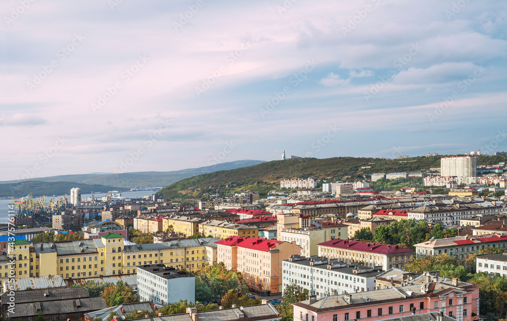 View of the port city of Murmansk from the top floor of the building