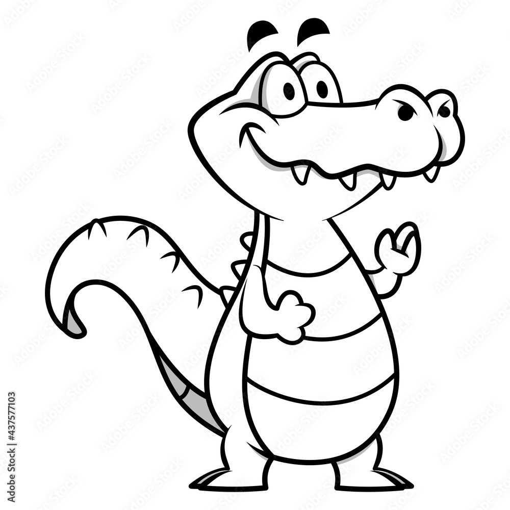Black and white illustration of Alligator cartoon character standing and greeting, best for coloring book of children