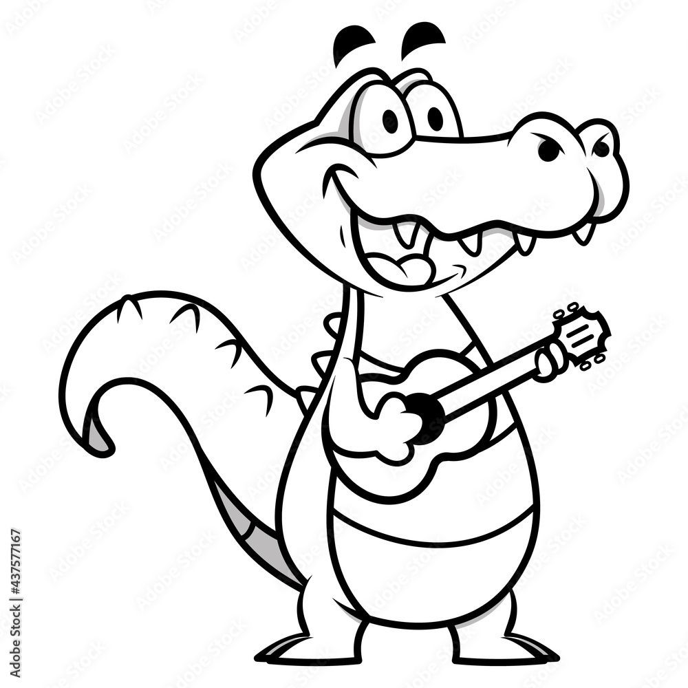 Fototapeta premium Black and white illustration of Alligator cartoon character playing ukulele guitars and singing, suitable for coloring book of children with music themes