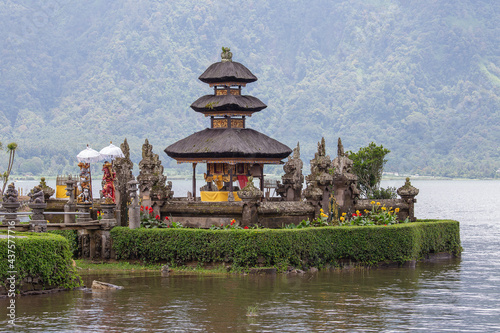 Pura Ulun Danu Bratan Water Temple in cloudy weather on the island of Bali  Indonesia