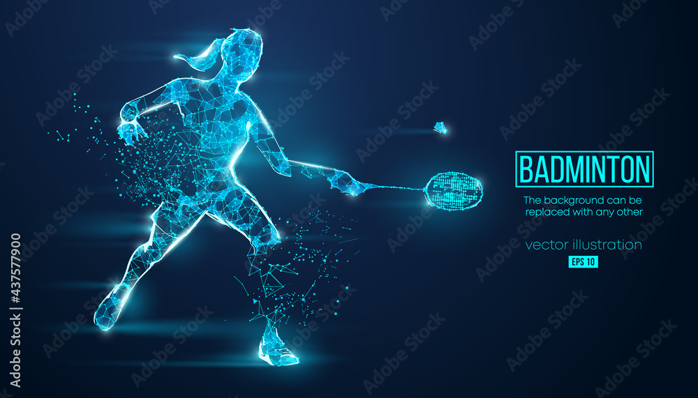 Fototapeta premium Abstract silhouette of a wireframe badminton player from particles on the background. Convenient organization of eps file. Vector illustartion. Thanks for watching