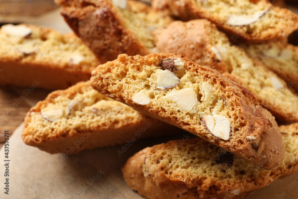 Traditional Italian almond biscuits (Cantucci) on table, closeup