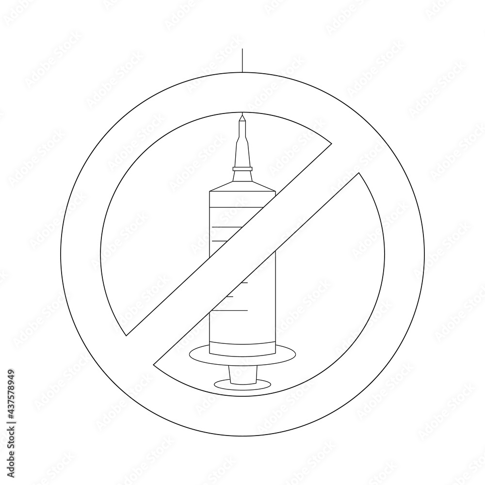Fototapeta premium No vaccination line icon. Outline sign - phobia of injections. Line art symbol - fear of injections. Prohibiting syringe icon, no drugs, no virus. Isolated vector warning illustration.