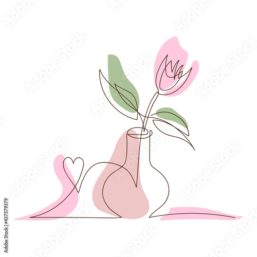 Simple linear tulip in vase, black line with colored spots, doodle style. One flower in a vase with heart line art, outline style, tulip silhouette. Colored simple illustration one line drawing style.