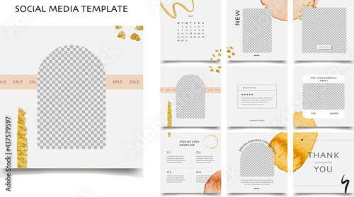 Social media template. Sale promotion. Editable square post frame puzzle. Instagram and facebook editable post. Beije, grey, white, gold, black vector background.