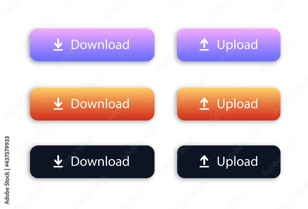 Set of download and upload button with yellow, black and purple colors. Download icon. Upload icon. Vector illustration. Set of download and upload button with yellow, black and purple colors. Download icon. Upload icon. Vector illustration.