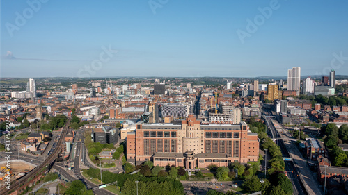 Leeds west Yorkshire city. The city centre of Leeds aerial view of large council office buildings and surrounding retail stores, offices and apartments. 