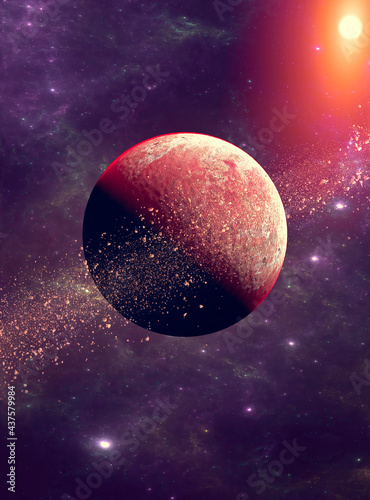 Fototapeta Naklejka Na Ścianę i Meble -  Asteroid rings around a planet. Planet and asteroid. New worlds, exoplanet. 3d render. Sci-fi