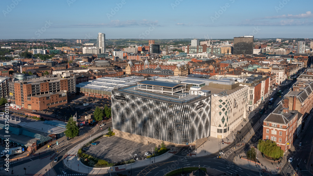 Leeds in Yorkshire, England, City Centre, aerial view from near the bus station overlooking modern retail stores in the town centre