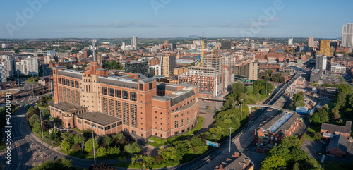 Quadro em tela Aerial drone view of Leeds city centre showing large council office buildings and surrounding retail stores, offices and apartments