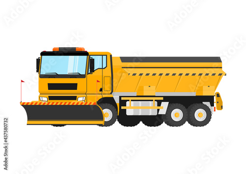 Heavy truck with snow plow and sand spreader. Flat vector without gradients.