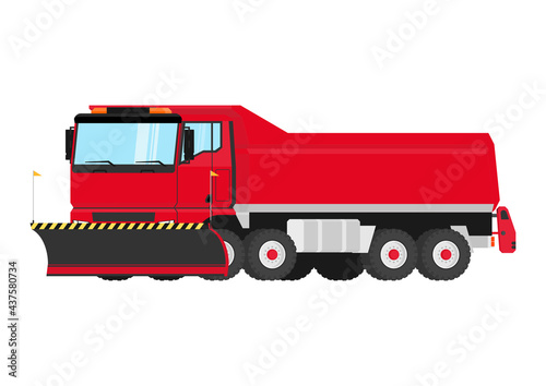 Heavy truck with snow plow and sand spreader. Flat vector without gradients.