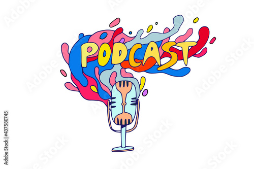 Podcast logo. Colorful cartoon doodle inscription podcast word with microphone. Funny cartoon icon isolated. Good for podcasting, broadcasting, media hosting, web radio, multimedia advertising