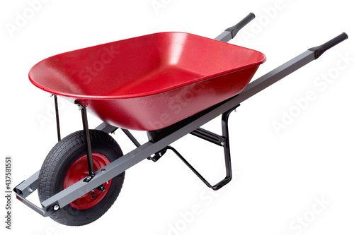 Fényképezés Red wheelbarrow isolated on white.