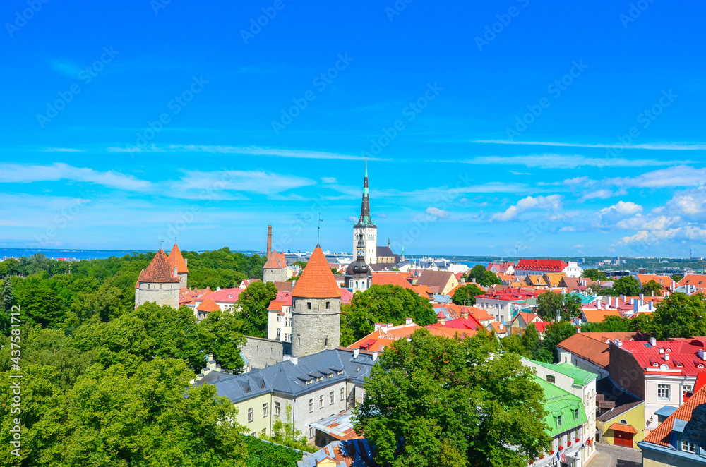 Aerial panoramic view of old town Tallinn in a beautiful day. Tallinn, Estonia