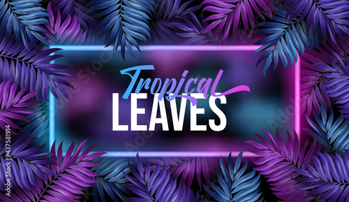 Summer night jungle background. Dark blue and violet Tropical party design with palm leaves and neon light. suitable for flyer banner. Vector illustration.