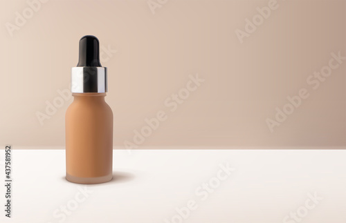 Mockup liquid tonal foundation makeup cream in glass jar with dropper mockup 3d vector realistic illustration on beige background. Template vector design with copy space