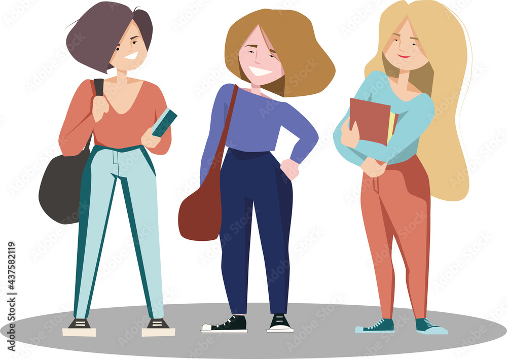 vector flat illustration of three young women student standing and smiling isolated vector flat illustration of three young women student standing and smiling isolated