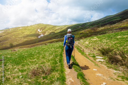 Young woman with a hat, trekking poles, a backpack hiking on a trail through green meadows in the Italian Apennines in an early summer day. Italian Apennines - Tuscany - Emilia, Italy
