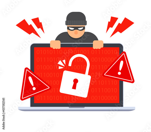 Hacker breaks the security system on computer laptop. Emergency alert. Data hacking warning. Malware or ransomware attack. Creative concept of antivirus. Trendy cartoon vector flat illustration. 