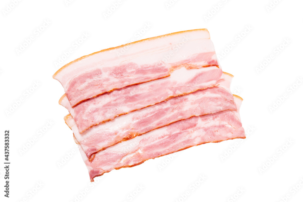 Raw bacon slices isolated on a white background.