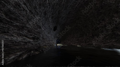 3d render video of cave with dark water, sun rises