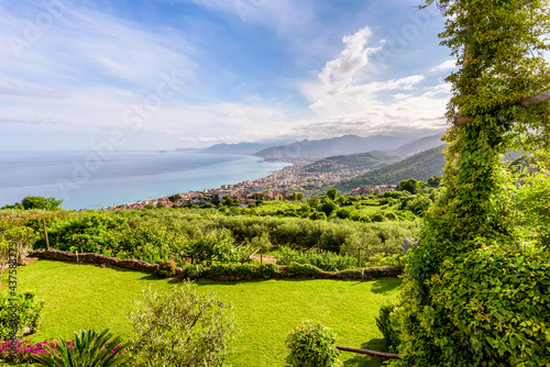 Borgio Verezzi, Italy. May 22th, 2021. Enchanting panoramic view from a country lane of Verezzi on the sea of Borgio Verezzi.