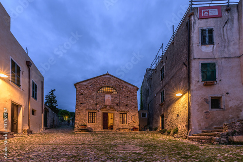 Borgio Verezzi, Italy. May 22th, 2021. Piazza Sant'Agostino at night with Sant'Agostino Church on the background.