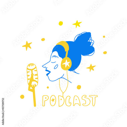 Podcast logo girl. Young female blogger speaking in microphone with headphones.