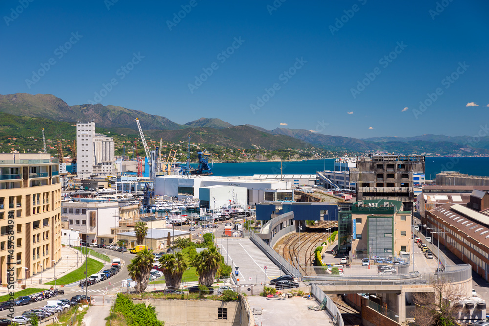 Savona, Italy. May 20th, 2021. Panoramic view of the port area of the Port of Savona in a sunny day.