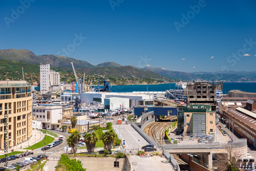 Savona, Italy. May 20th, 2021. Panoramic view of the port area of the Port of Savona in a sunny day.