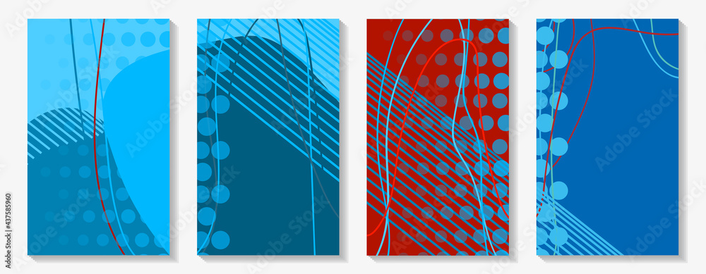 Abstract dynamic sports rectangular backgrounds. Set of vertical covers. Spectacular reds and blues.
Smooth lines. Irregular shapes. Uneven spots. Vector illustration. Use for notebooks, diaries, etc.