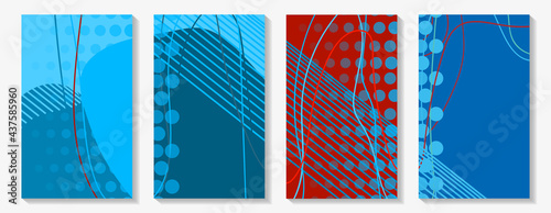 Abstract dynamic sports rectangular backgrounds. Set of vertical covers. Spectacular reds and blues.
Smooth lines. Irregular shapes. Uneven spots. Vector illustration. Use for notebooks, diaries, etc.