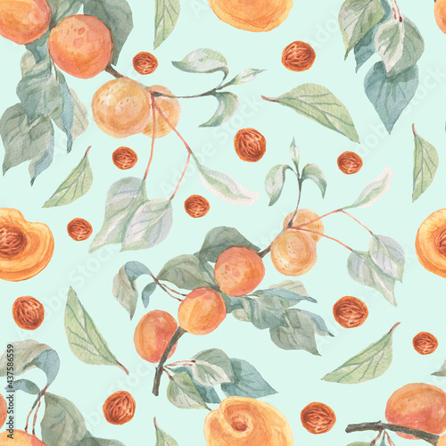 Fruit apricots watercolor illustration hand drawn seamless pattern. Print textile realistic style garden harvest background juice jam healthy foods with vitamins healthy food vegetarianism
