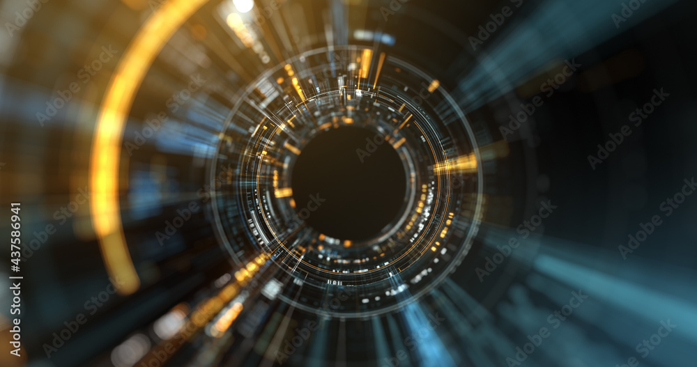 Obraz premium Circular abstract iris, high tech background. digital data flow. Dynamic wave, circle, searching process. technology background. 3D rendering