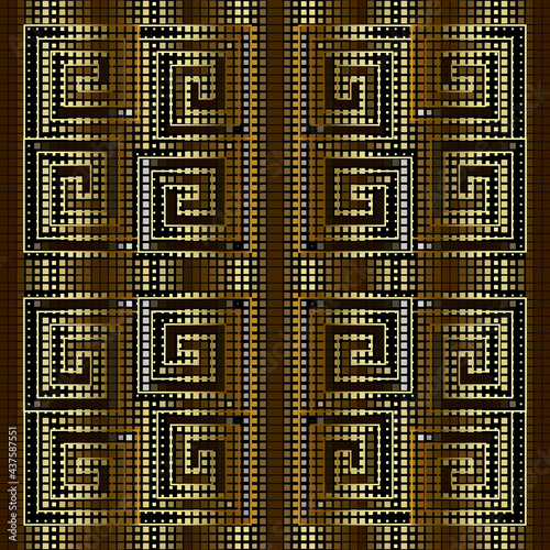 Gold 3d mosaic seamless pattern. Textured halftone squares background. Repeat half tone backdrop. Greek key, meanders. Pixel grid greek style ornaments. Luxury modern vector design. Endless texture